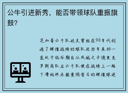 公牛引进新秀，能否带领球队重振旗鼓？